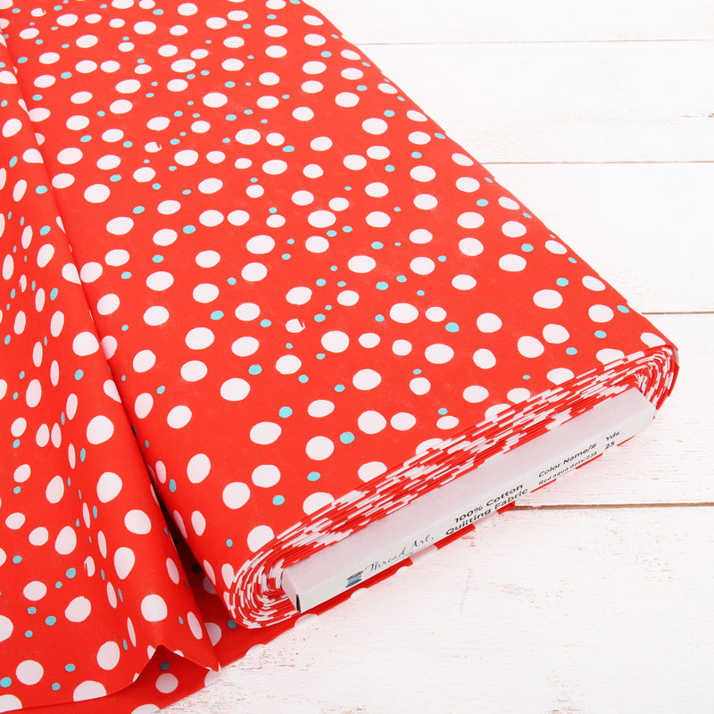 Premium Cotton Quilting Fabric Sold By The Yard - Confetti Brights Collection - Red White Aqua Dots - Threadart.com
