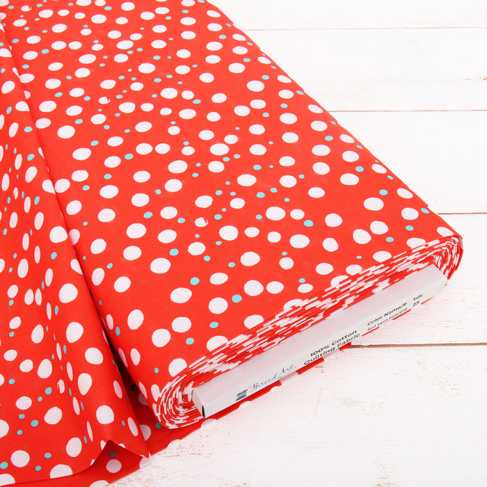 Premium Cotton Quilting Fabric Sold By The Yard - Confetti Brights Collection - Red White Aqua Dots - Threadart.com