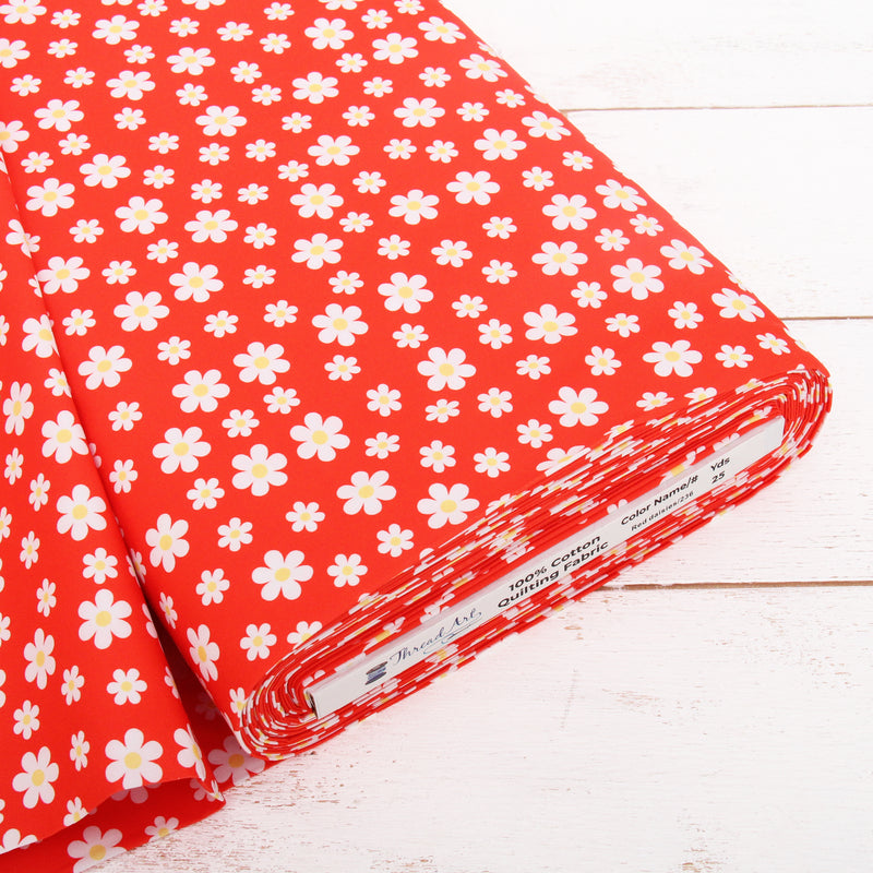 Premium Cotton Quilting Fabric Sold By The Yard - Confetti Brights Collection - Red Daisies - Threadart.com