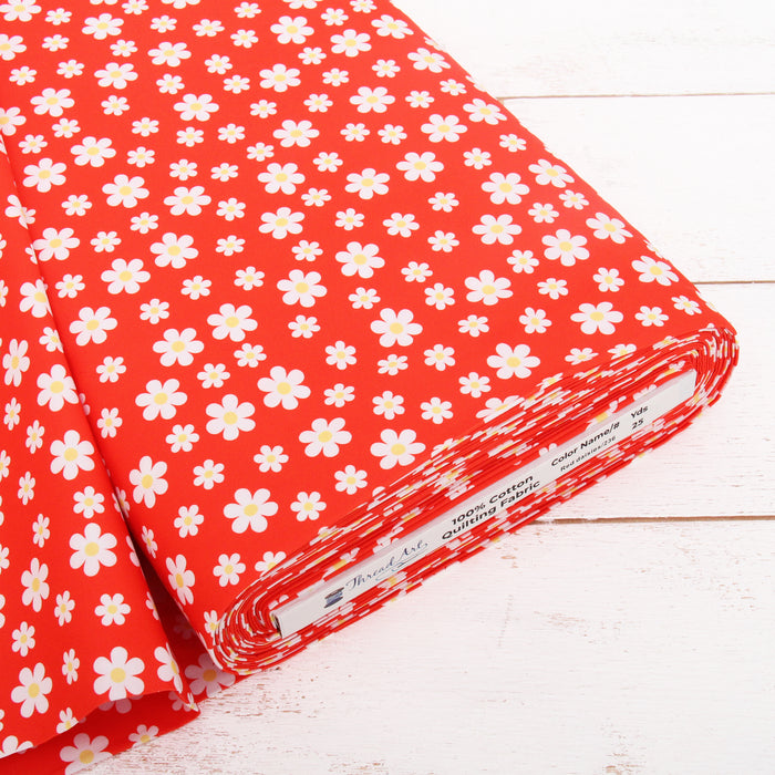 Premium Cotton Quilting Fabric Sold By The Yard - Confetti Brights Collection - Red Daisies - Threadart.com