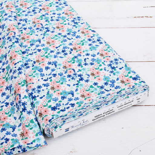 Premium Cotton Quilting Fabric Sold By The Yard - Patterned White Light Blue Floral - Threadart.com