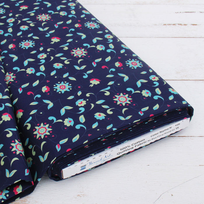 Premium Cotton Quilting Fabric Sold By The Yard - Patterned Navy Blue Floral Mixed - Threadart.com