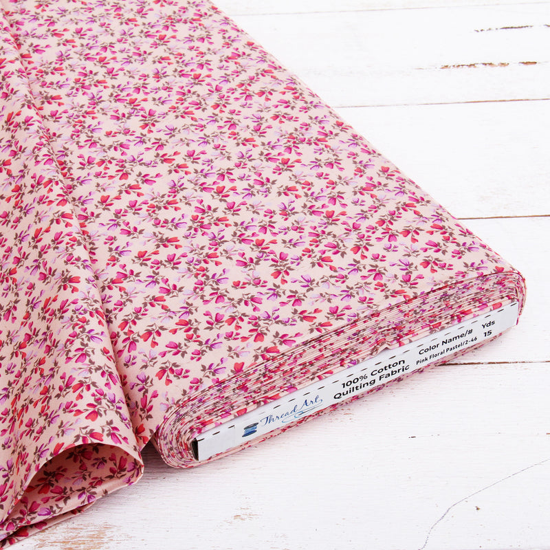 Premium Cotton Quilting Fabric Sold By The Yard - Patterned Pink Floral Pastel - Threadart.com