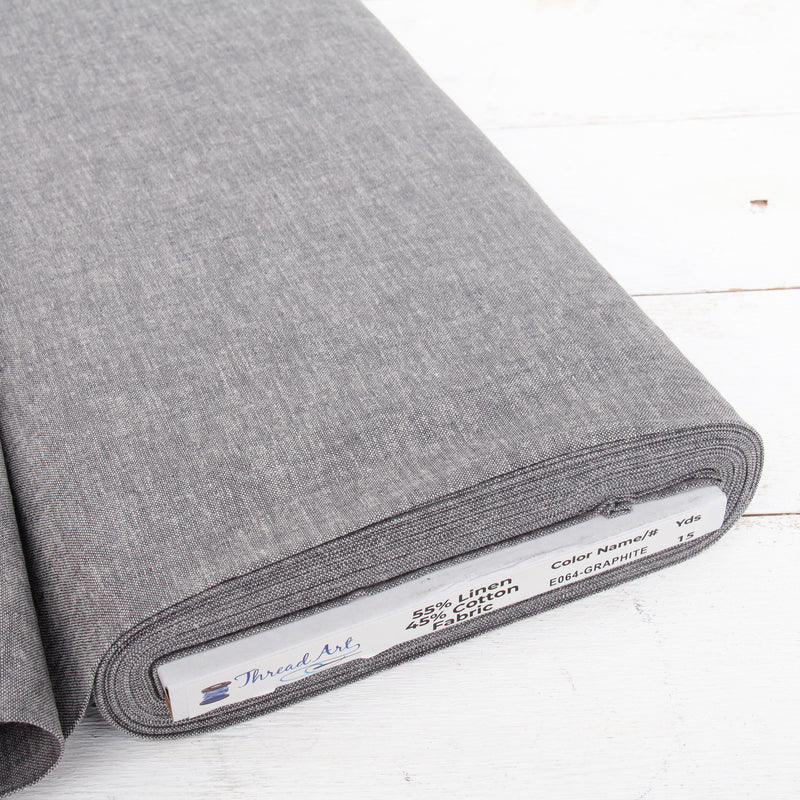 Graphite yarn dyed homespun cotton linen blend fabric on the bolt