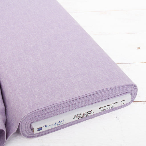 Lilac yarn dyed homespun cotton linen blend fabric on the bolt