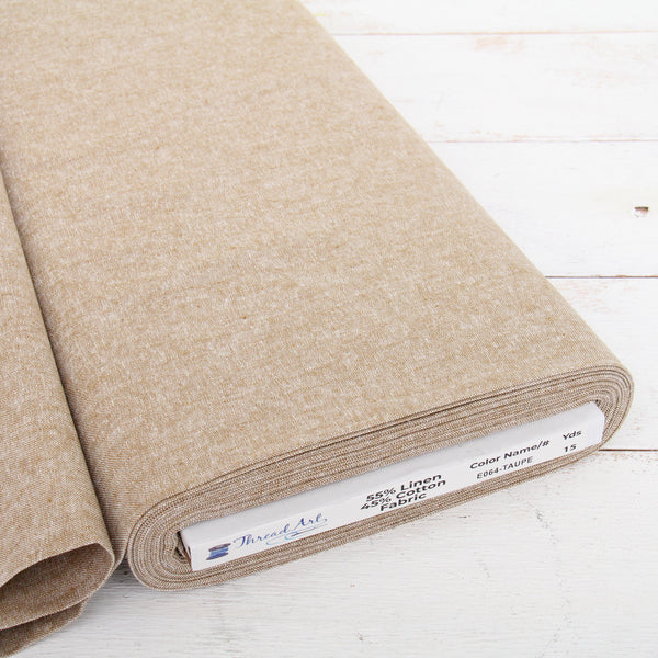 Taupe yarn dyed homespun cotton linen blend fabric on the bolt