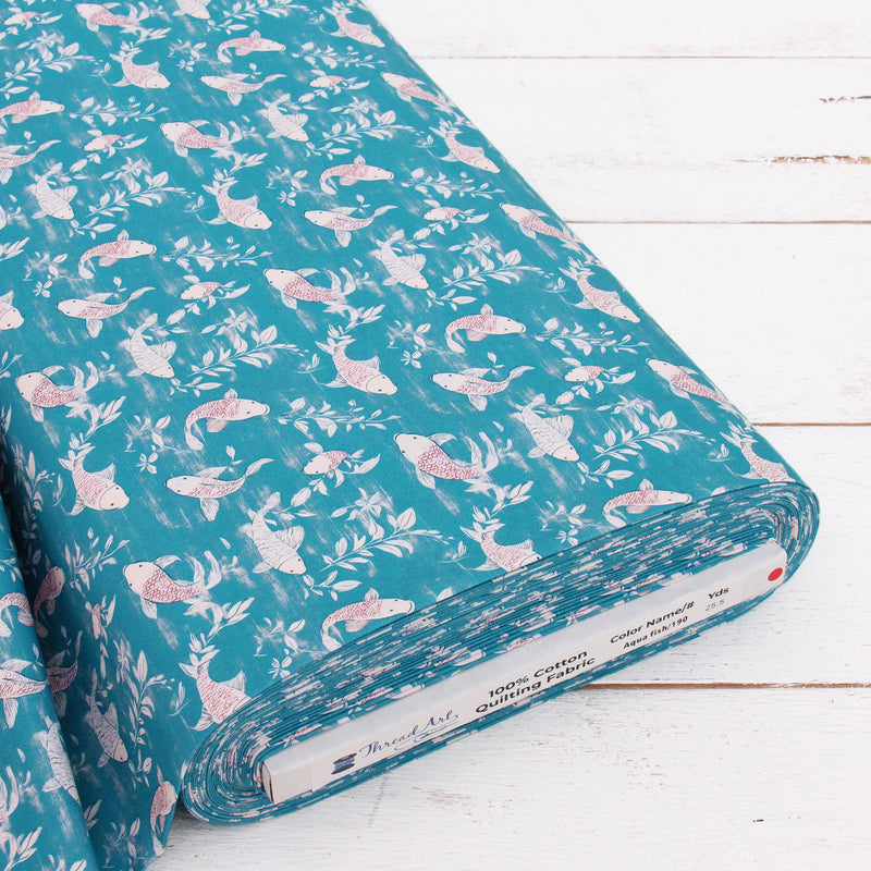 Premium Cotton Quilting Fabric Sold By The Yard - Vintage Threads Collection - Aqua Fish - Threadart.com