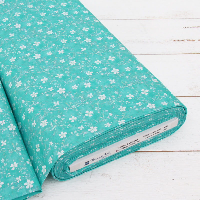 Premium Cotton Quilting Fabric Sold By The Yard - Vintage Threads Collection - Aqua Floral - Threadart.com