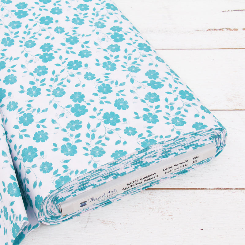 Premium Cotton Quilting Fabric Sold By The Yard - Vintage Threads Collection - Aqua Flower - Threadart.com