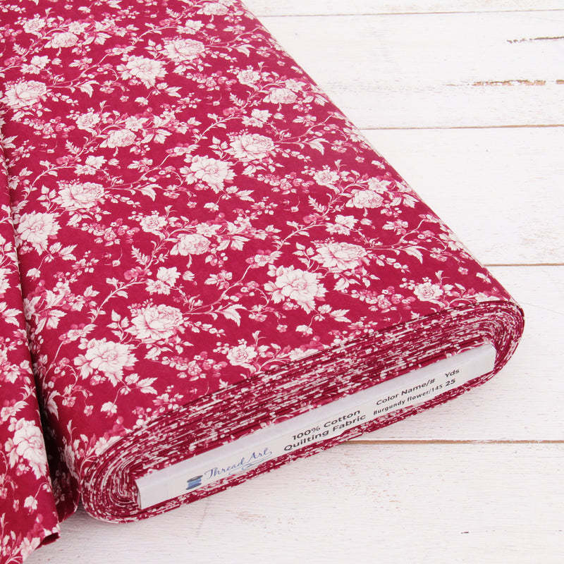 Premium Cotton Quilting Fabric Sold By The Yard - Vintage Threads Collection - Burgundy Flower - Threadart.com