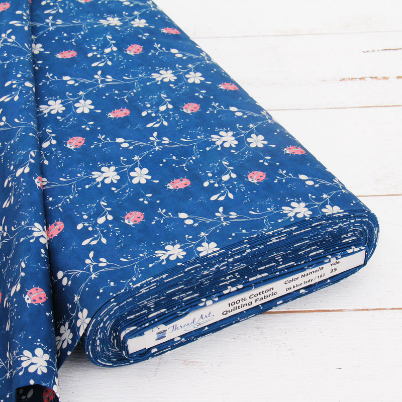 Premium Cotton Quilting Fabric Sold By The Yard - Vintage Threads Collection - Dark Blue Ladybug - Threadart.com