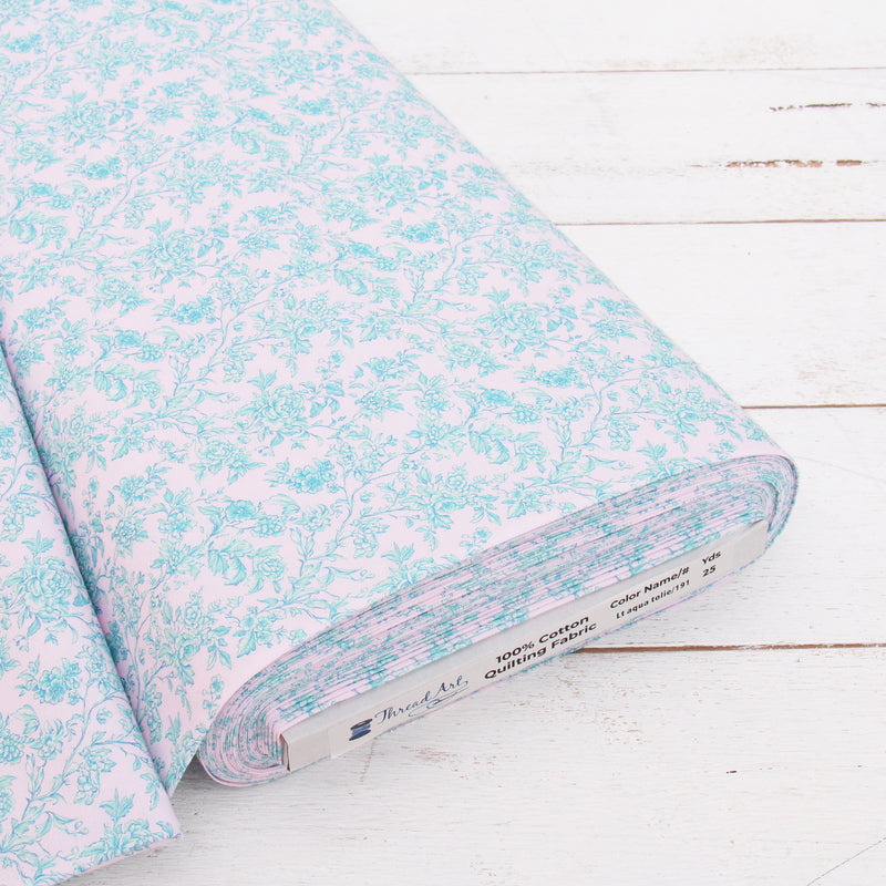 Premium Cotton Quilting Fabric Sold By The Yard - Vintage Threads Collection - Light Aqua Toile - Threadart.com