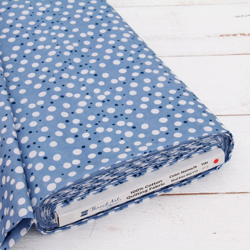 Premium Cotton Quilting Fabric Sold By The Yard - Vintage Threads Collection - Medium Blue Dots - Threadart.com