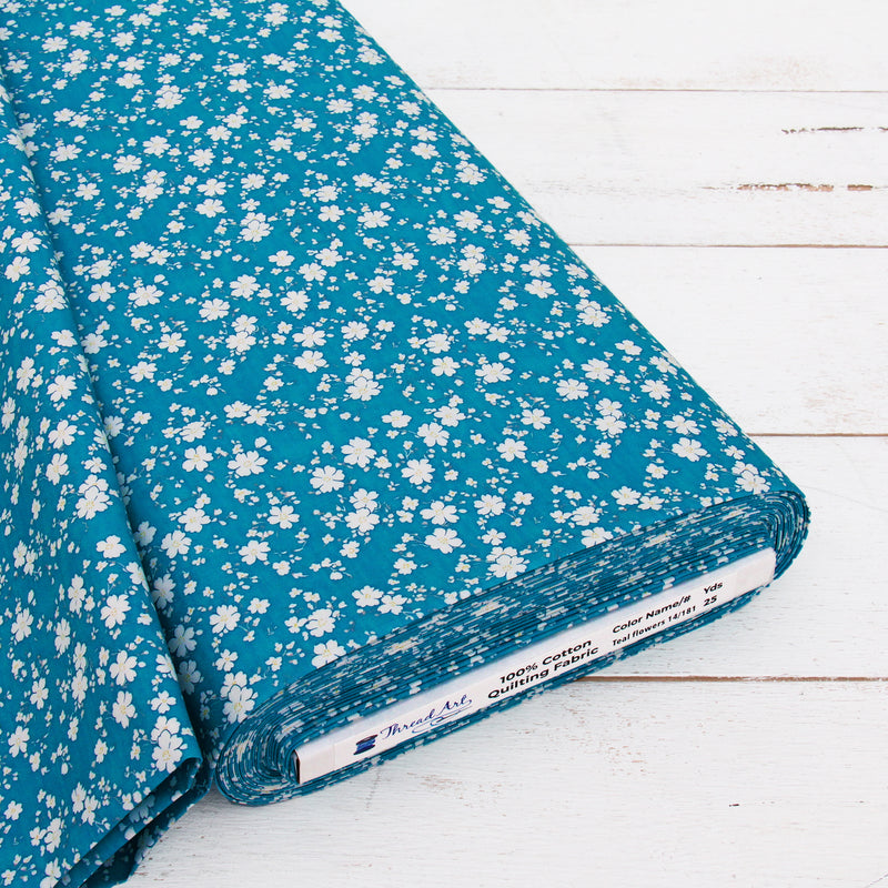 Premium Cotton Quilting Fabric Sold By The Yard - Vintage Threads Collection - Teal Flower - Threadart.com