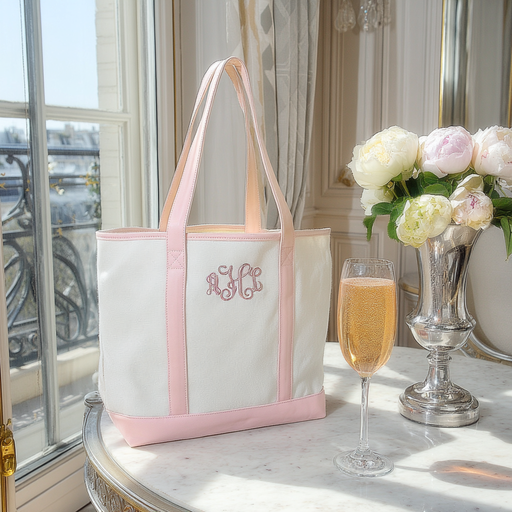 A pink tote bag with a monogrammed initials sits on a marble table, accompanied by a glass of champagne and a vase of white and pink flowers.