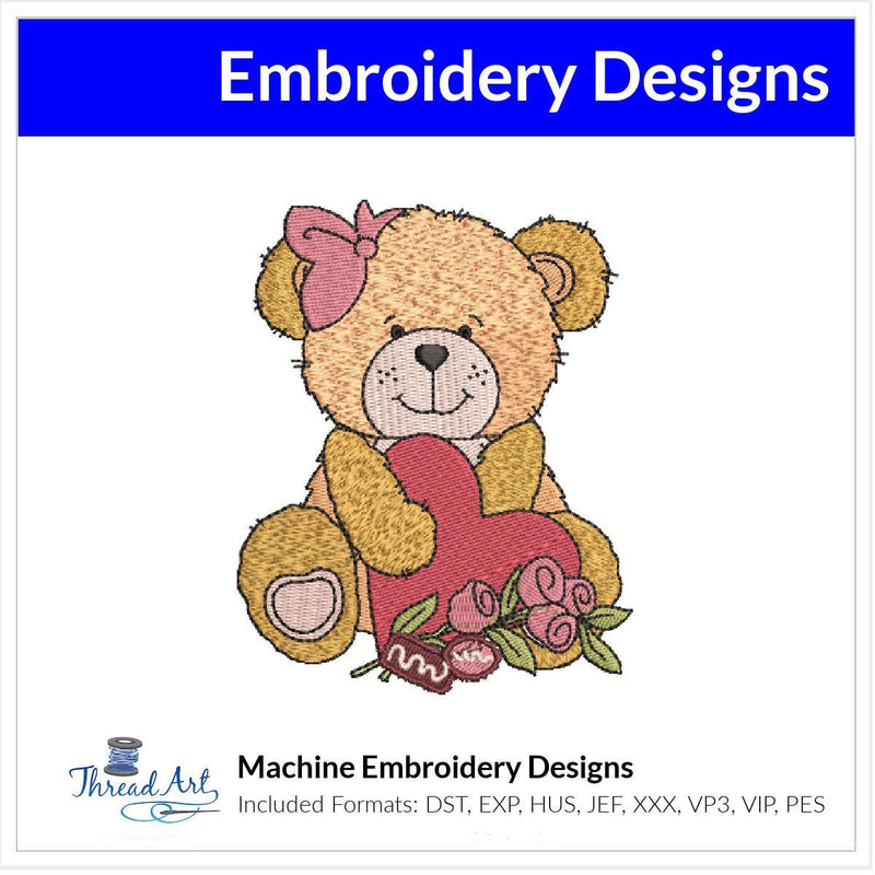 Valentine Teddy Bear with Heart Machine Embroidery Design Instant Download - 3 Sizes - 8 Formats - ThreadArt - Threadart.com