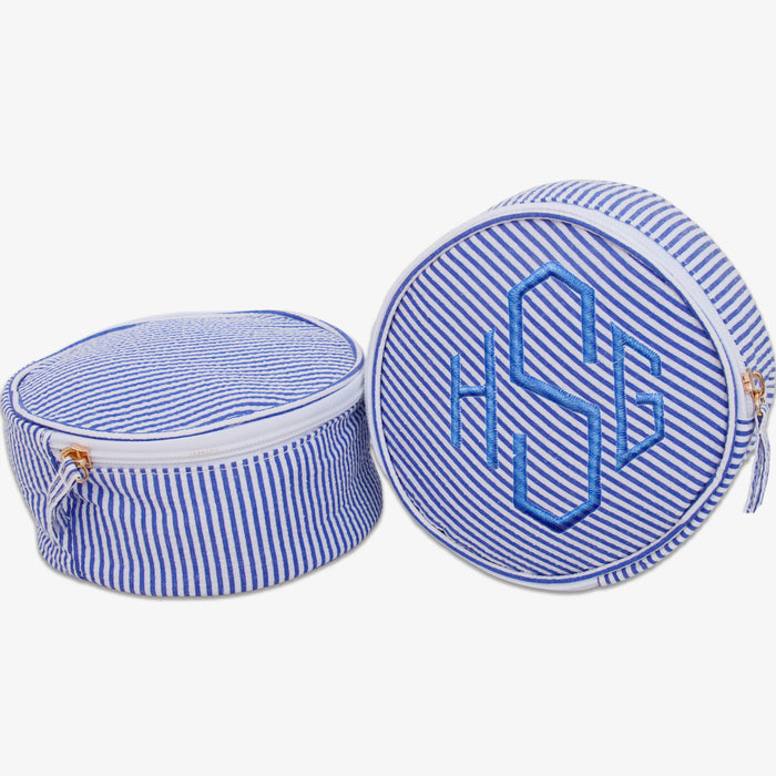 Personalized Round Seersucker Cosmetic Pouch 6" With Embroidered Monogram - Threadart.com