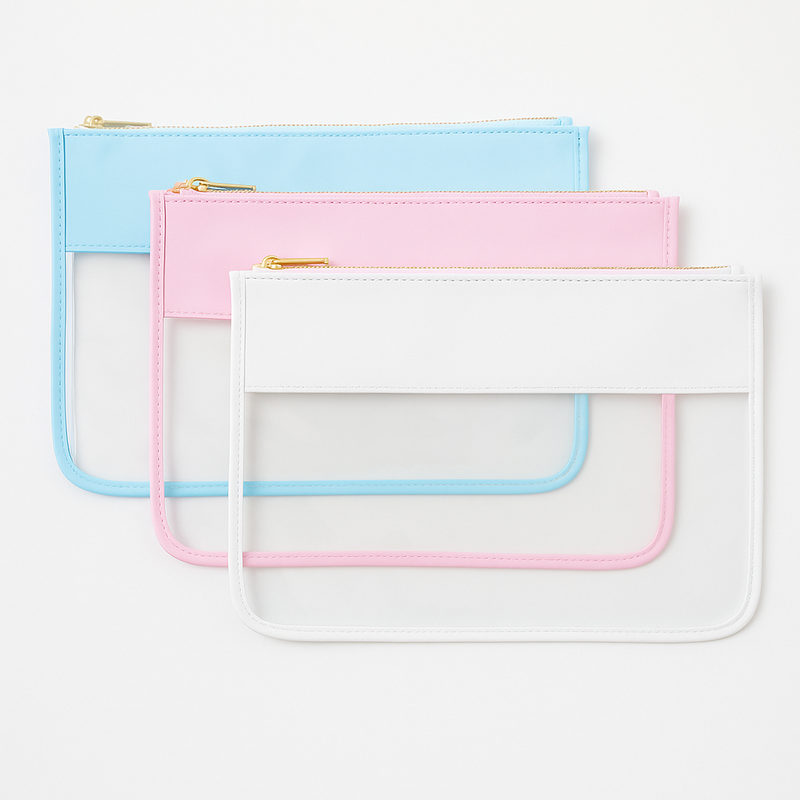 Light blue, light pink, and white clear zipper pouch bags stacked on a white background