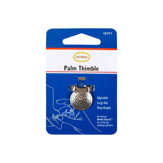 Colonial Palm Thimble on retail card, adjustable ring with large dimpled nickel-plated disk