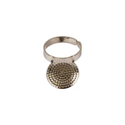 Colonial adjustable palm thimble with deep-dimpled round disk, nickel-plated brass