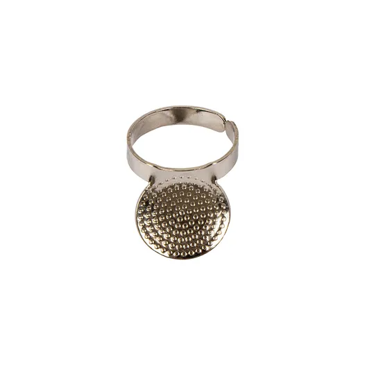 Colonial adjustable palm thimble with deep-dimpled round disk, nickel-plated brass