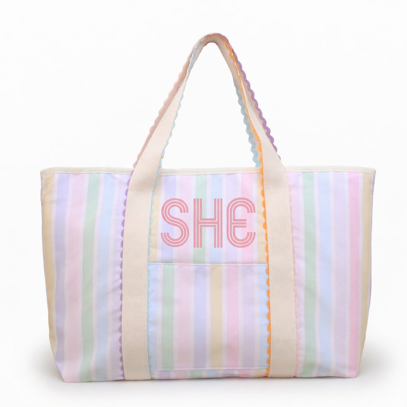 Pastel Stripe Monogrammed Ric Rac Tote Bag - Custom Embroidery - Threadart.com