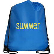 A blue drawstring bag with the word "summer" printed in yellow on it.