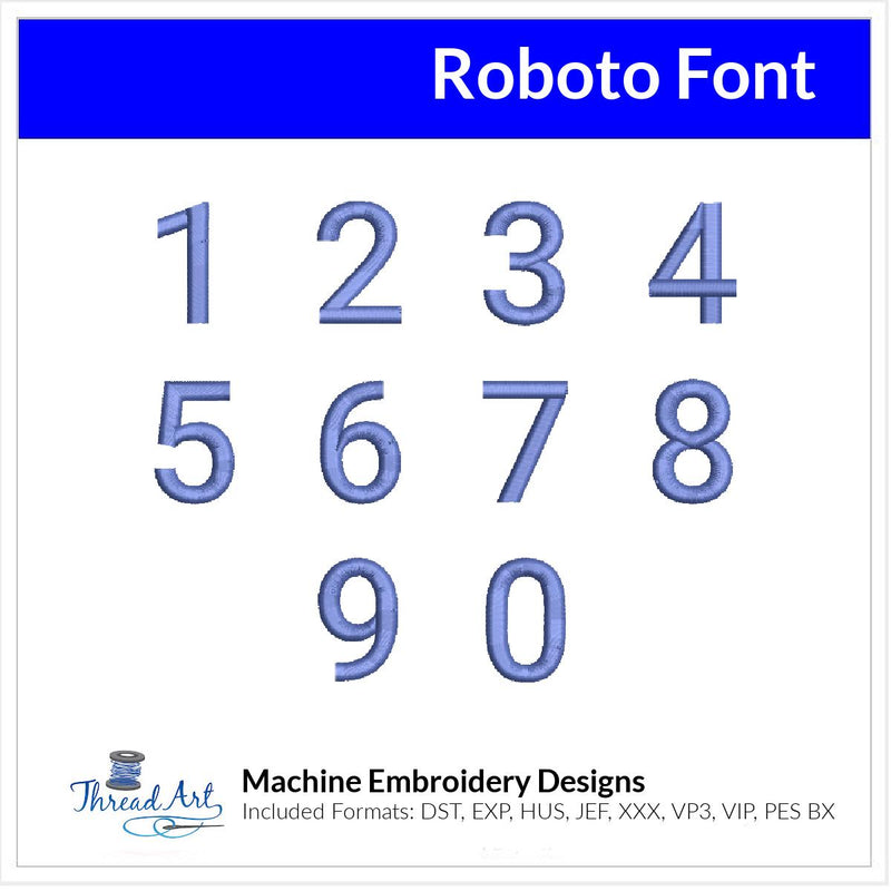 Roboto Font Machine Embroidery Design Set - Alphabet Letters Numbers BX Font - Download 9 Formats and 4 Sizes - Threadart.com