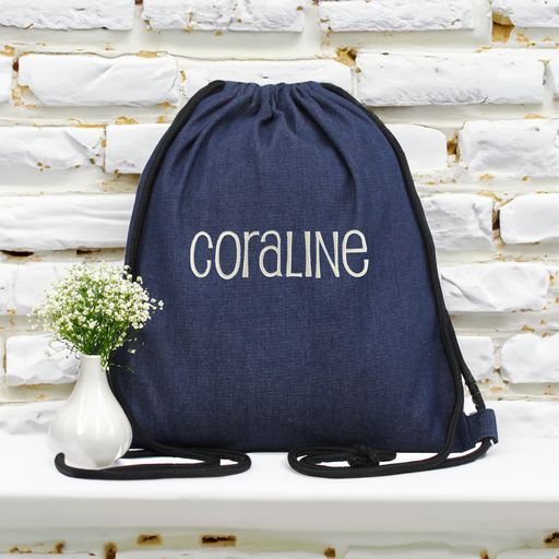 Personalized Canvas or Denim Drawstring Bags - Custom Embroidered Text - Threadart.com