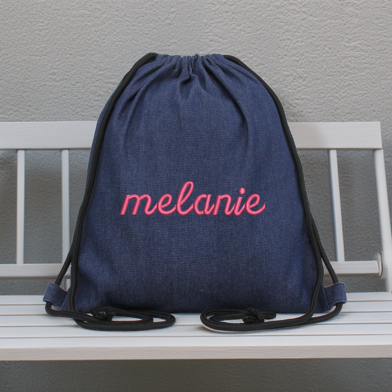 Personalized Denim Drawstring Bags - Embroidered Name - Threadart.com