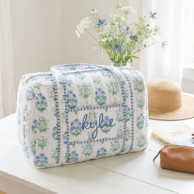 Personalized Quilted Blue Block Print Duffel Bag - Embroidered With Initials - Threadart.com