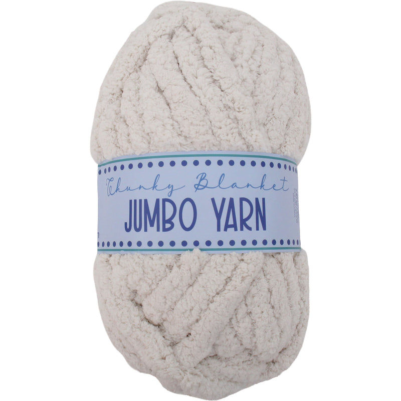 A ball of white, fluffy yarn labeled as "Jumbo Yarn" is shown against a white background.