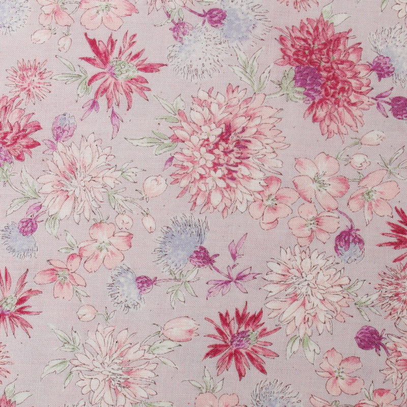 a close-up view of a fabric with a floral pattern. The pattern consists of various pink and white flowers, including daisies, chrysanthemums, and other types of flowers, arranged in a visually appealing manner. The flowers are depicted in different sizes and orientations, creating a sense of depth and movement. The fabric appears to be a light pink color, which complements the vibrant colors of the flowers.