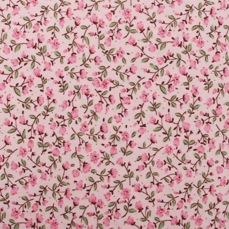a repeating pattern of pink flowers and green leaves on a light pink background.