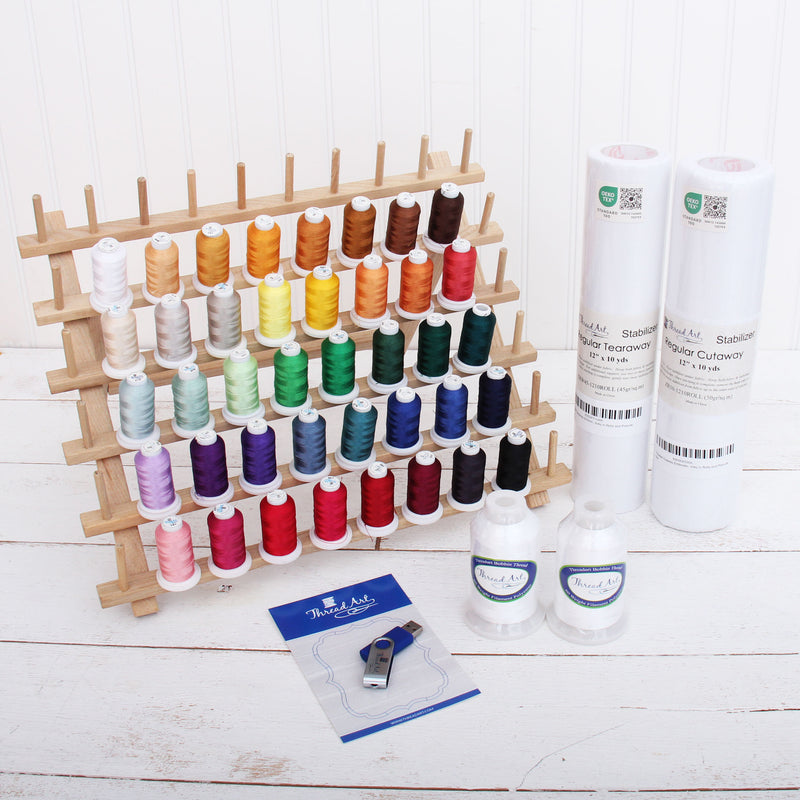 All-In-One Embroidery Machine Starter Set With Threads, Designs, Stabilizer, Bobbins, & Rack - Threadart.com