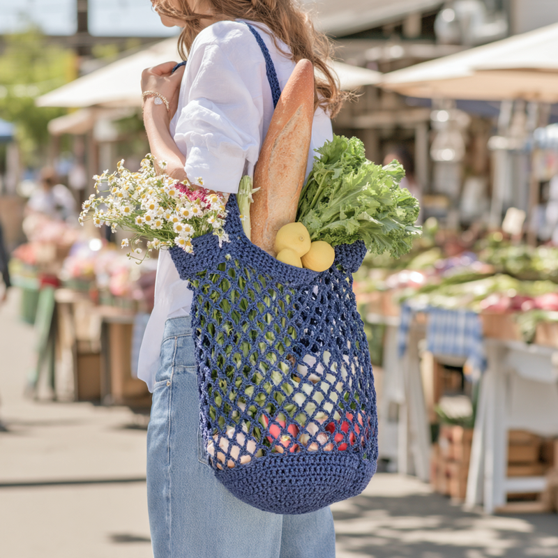 Everyday Market Tote Crochet Kit - Navy - 100% Cotton Yarn Included - Threadart.com
