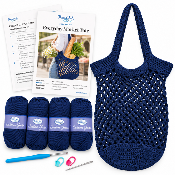 Everyday Market Tote Crochet Kit - Navy - 100% Cotton Yarn Included - Threadart.com