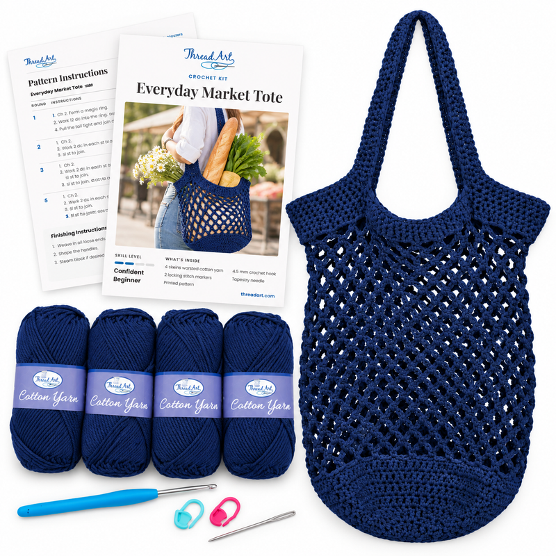 Everyday Market Tote Crochet Kit - Navy - 100% Cotton Yarn Included