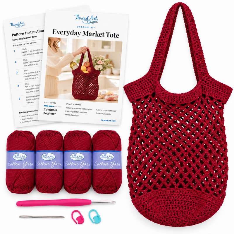 Everyday Market Tote Crochet Kit - Burgundy - 100% Cotton Yarn Included