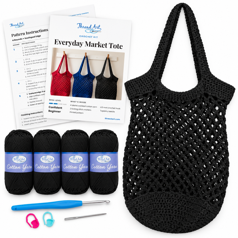 Everyday Market Tote Crochet Kit - Black - 100% Cotton Yarn Included