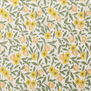 a repeating pattern of yellow flowers and green leaves on a white background.