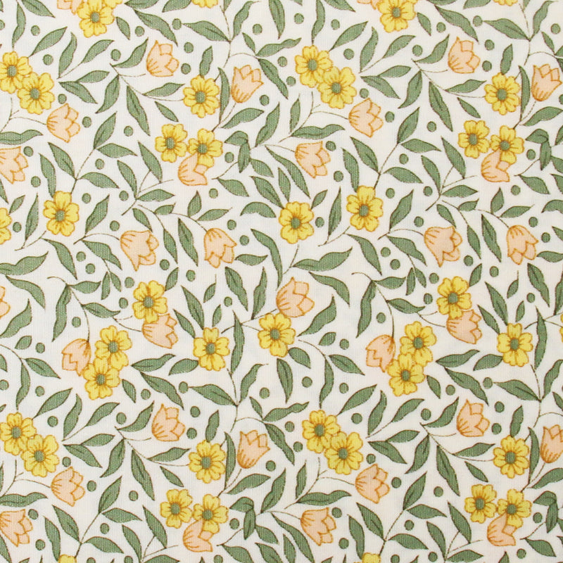 a repeating pattern of yellow flowers and green leaves on a white background.