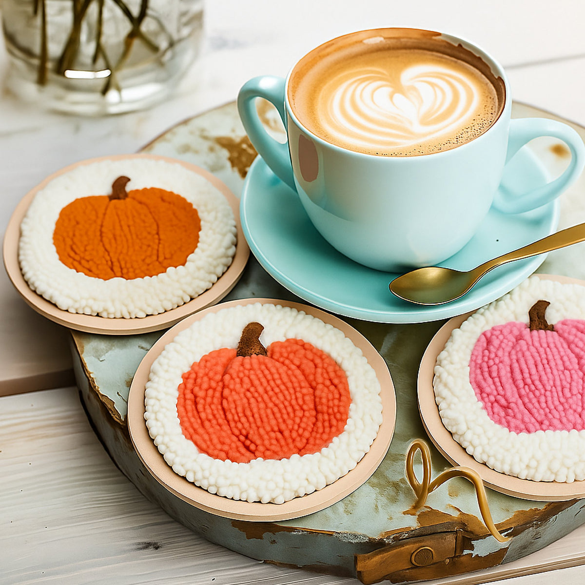 Punch needle pumpkin coasters beside a latte