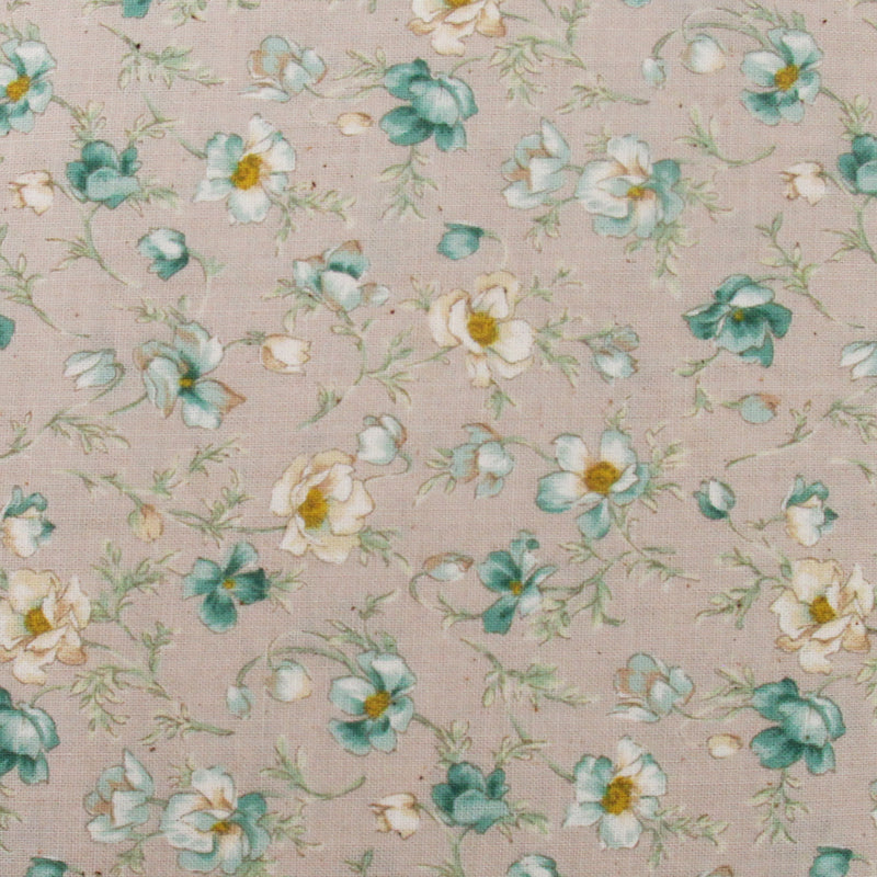 a repeating floral pattern with various shades of green and white flowers and leaves.
