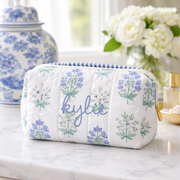 Personalized Quilted Blue Block Print Zipper Pouch - Embroidered - Threadart.com