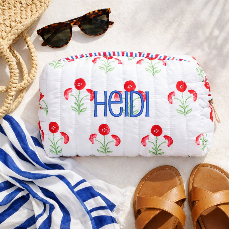 Personalized Quilted Red Block Print Zipper Pouch - Embroidered - Threadart.com