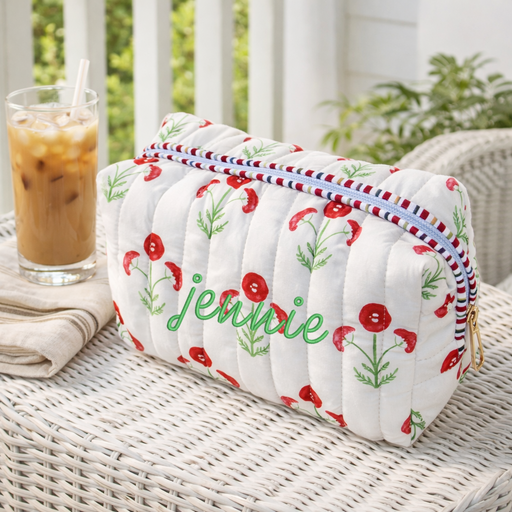 Personalized Quilted Red Block Print Zipper Pouch - Embroidered - Threadart.com