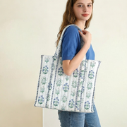 Personalized Quilted Blue Block Print Tote Bag - Embroidered With Initials - Threadart.com