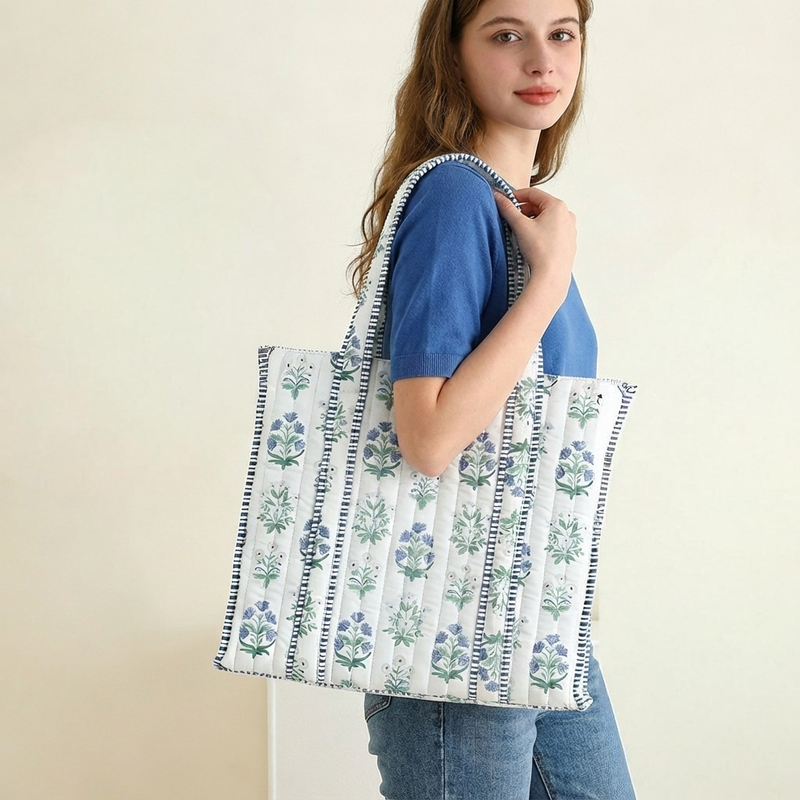 Personalized Quilted Blue Block Print Tote Bag - Embroidered With Initials - Threadart.com