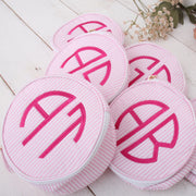 Personalized Round Seersucker Cosmetic Pouch 6" With Embroidered Monogram - Threadart.com